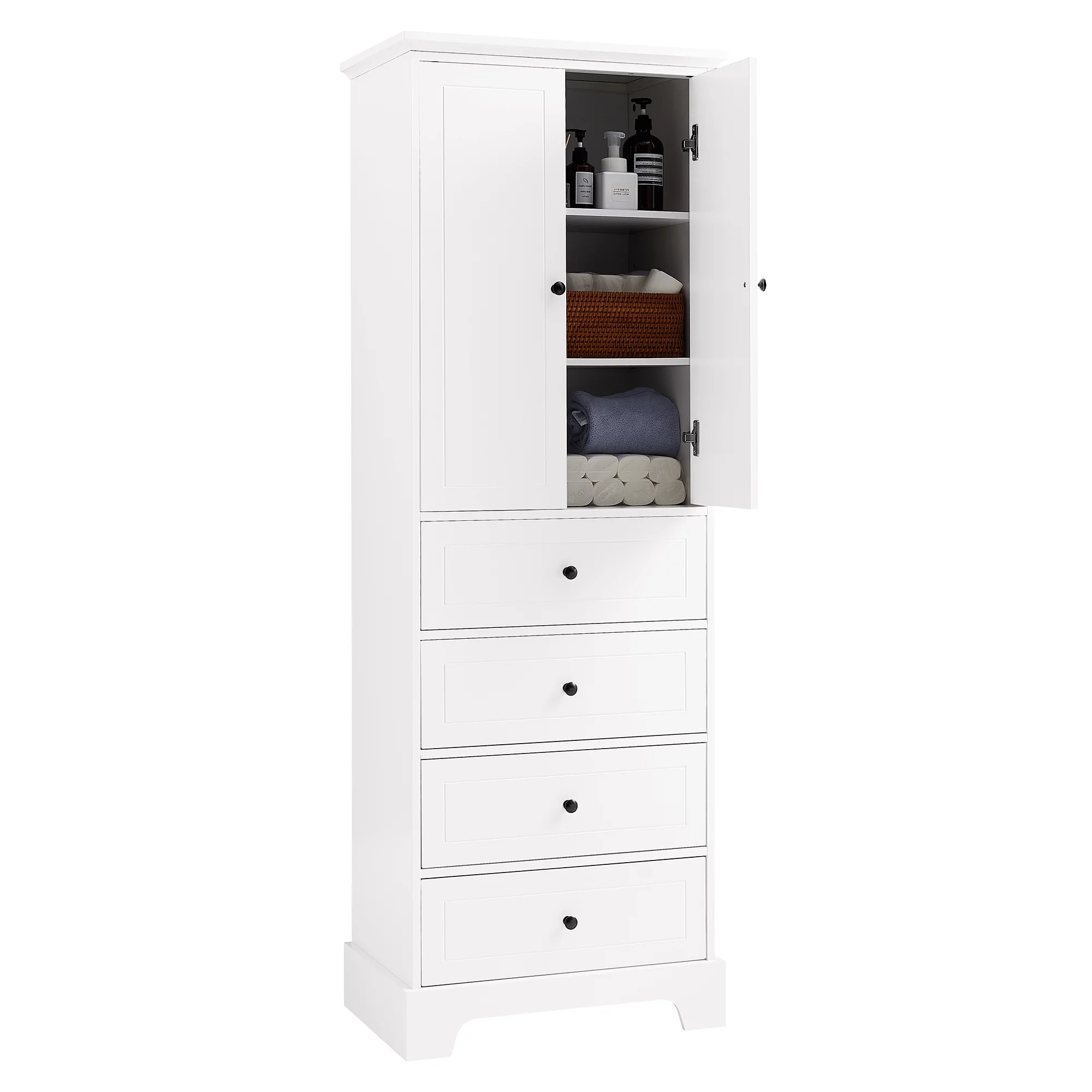 Hombay Tall Bathroom Storage Cabinet with 2 Doors and 4 Drawers, Wood Freestanding Cupboard Pantry with Adjustable Shelves for Living Room Bedroom Kitchen