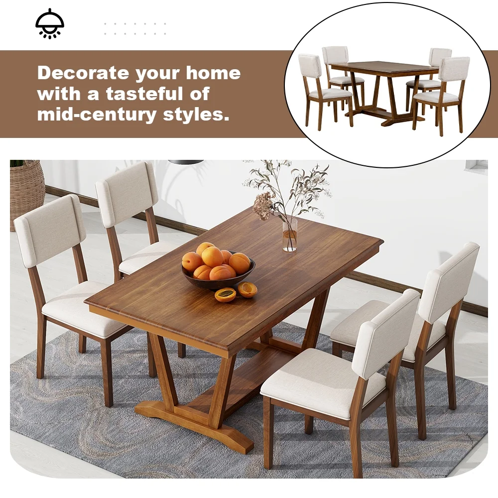 5 Piece Dining Table Set, Atumon Dining Table Set for 4, Wood Dining Room Set with 1 Table and 4 Upholstered Chairs, Farmhouse Dining Table Set for Kitchen Dining Room Apartment, Walnut