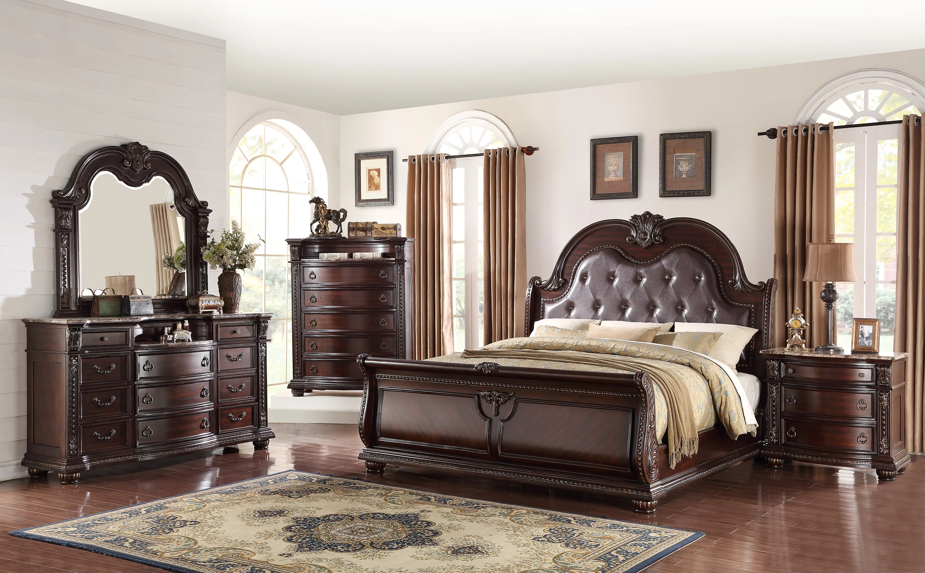 Bili Cherry Brown Upholstered Sleigh Bedroom Set Special Queen 3 Piece: Bed, 2 NightStands - Curated Treasures Market