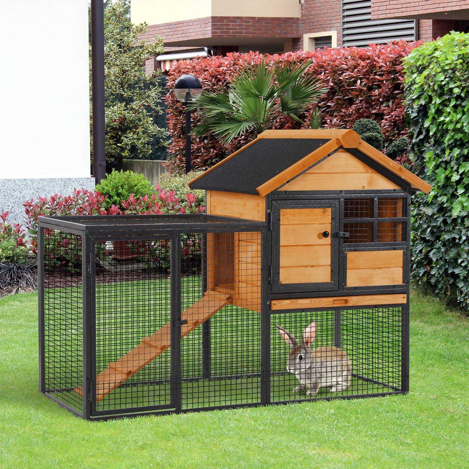 PawHut Wood-metal Elevated Pet Bunny House Rabbit Cage with Slide-Out Tray Outdoor - Pet Supplies online store