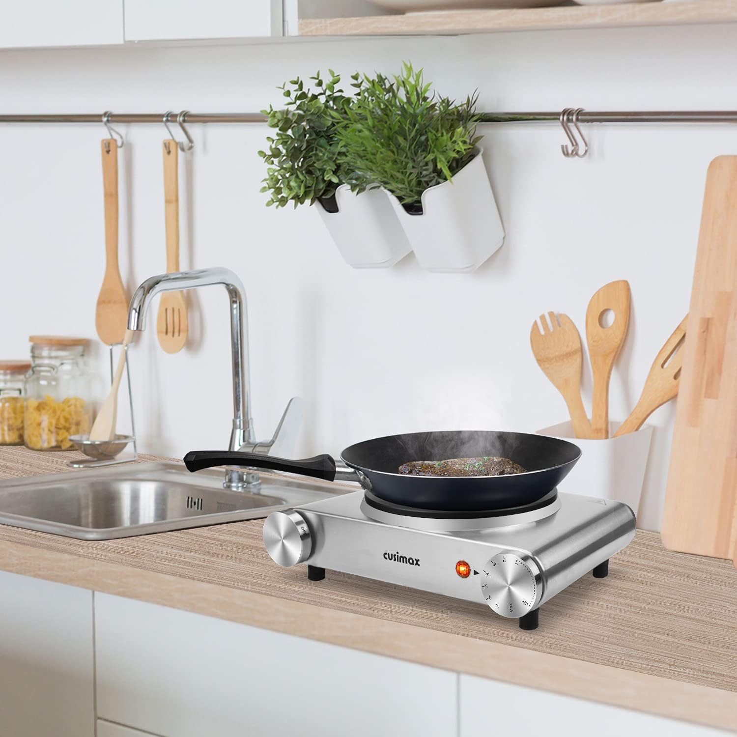 Cusimax Hot Plate Electric Burner Single Burner Cast Iron hot plates for cooking Portable Burner 1500W with Adjustable Temperature Control Stainless Steel Non-Slip Rubber Feet, Upgraded Version