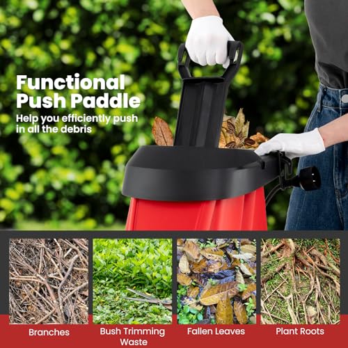 15 Amp Electric Wood Chipper Shredder, Corded Leaf Mulcher Shredder with Plunger, Collection Bag & 15:1 Reduction, Garden Shredder with Wheels for Branches, Leaves, Waste(Red)