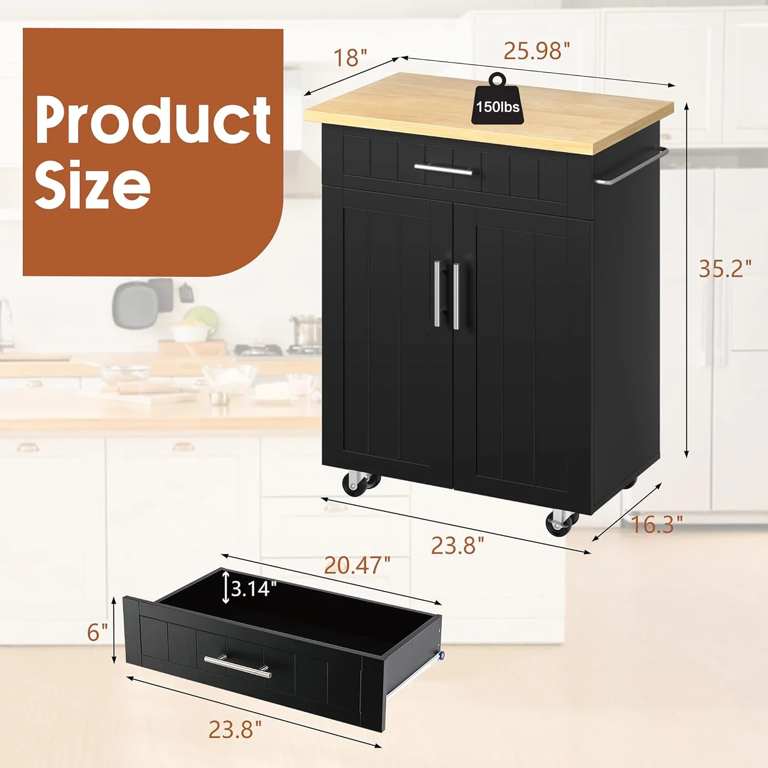 Kitchen Island on Wheels with Storage Cabinet & Drawer, 26" Width Rolling Kitchen Table, Cart Handle for Towel Rack or Free Mobility, Portable Islands for Kitchen, Dining Room(Black) - Curated Treasures Market