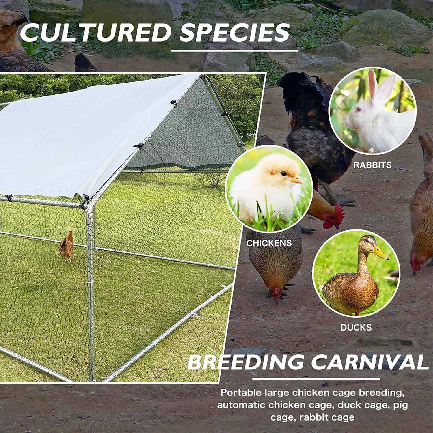 iclbc Large Metal Chicken Coop Walk-in Poultry Cage Chicken Run Duck House Chicken Pen Spire Shaped Coop with Waterproof and Anti-ultraviolet Cover