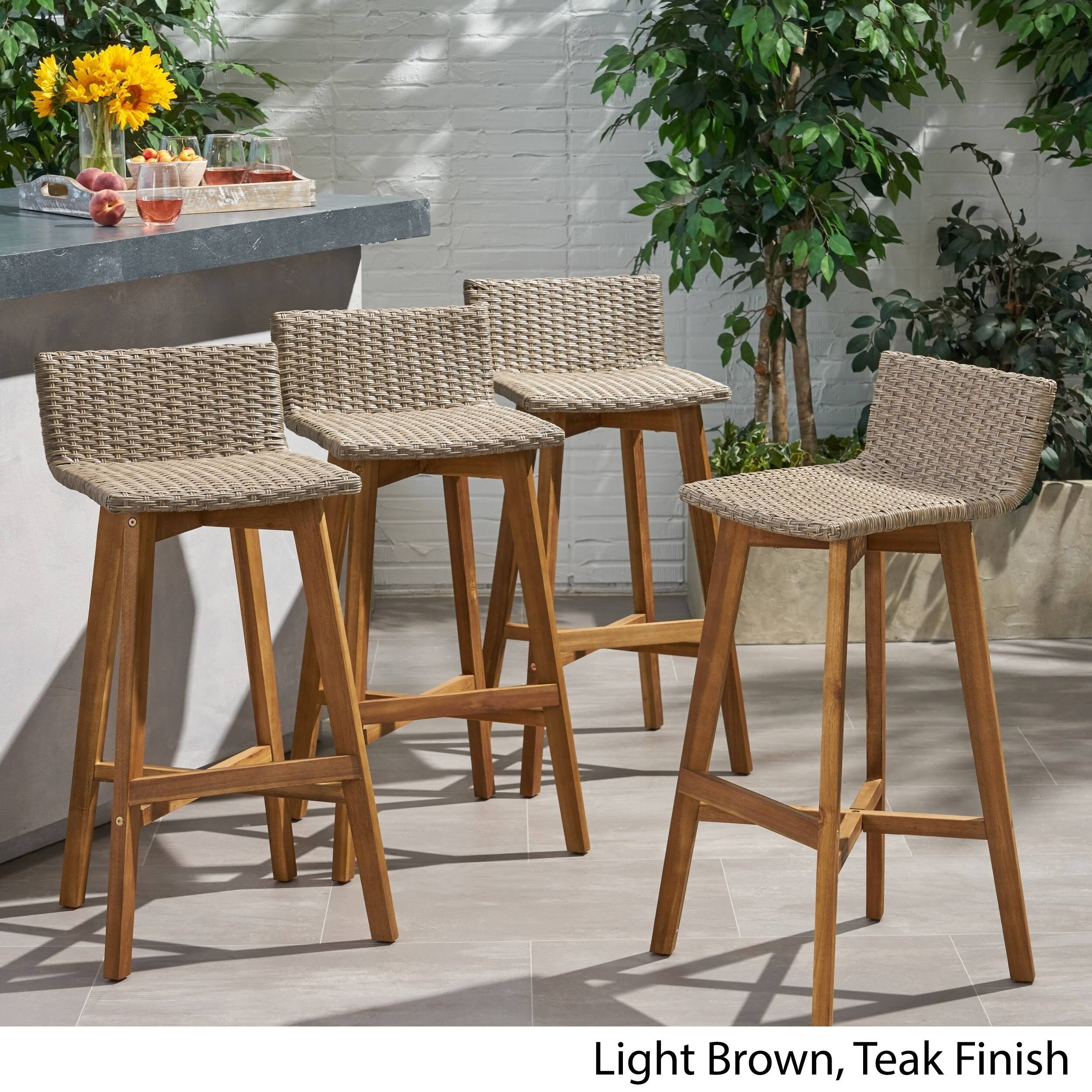 4pk La Brea Acacia Wood u0026 Wicker Patio Barstools Brown - Christopher Knight Home