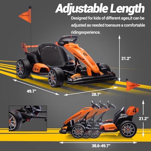 Electric Go Kart, Licensed Mclaren Drift Kart, Length Adjustment, LED Light, Crazy Cart for Kids Ages 6+, 400W Motor, Max Loads 130 LBS (Orange 24V)