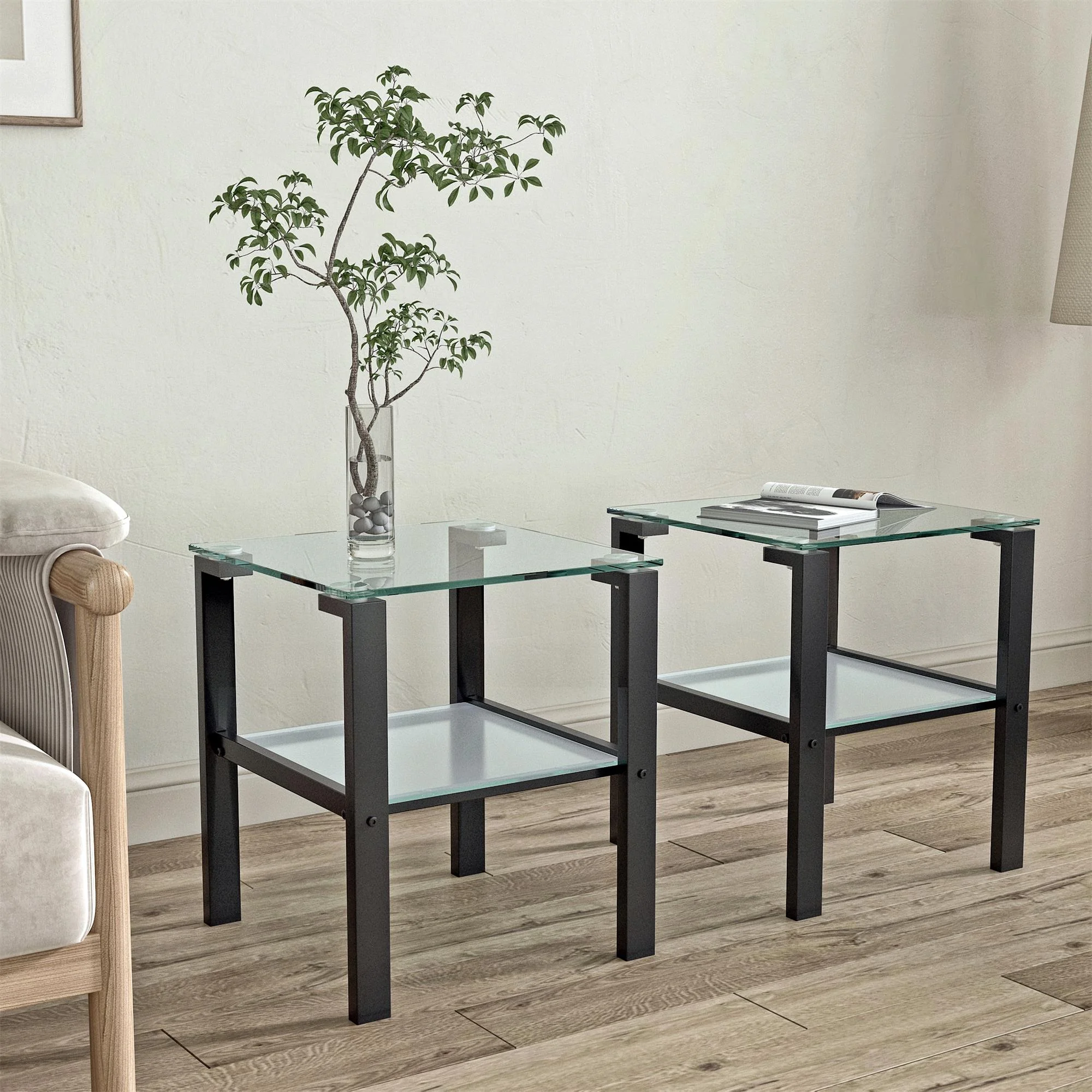 Ufurpie Set of 2 Tempered Glass End Table,Tea Table,Coffee Table,Square Side Table for Living Room,OfficeBlack