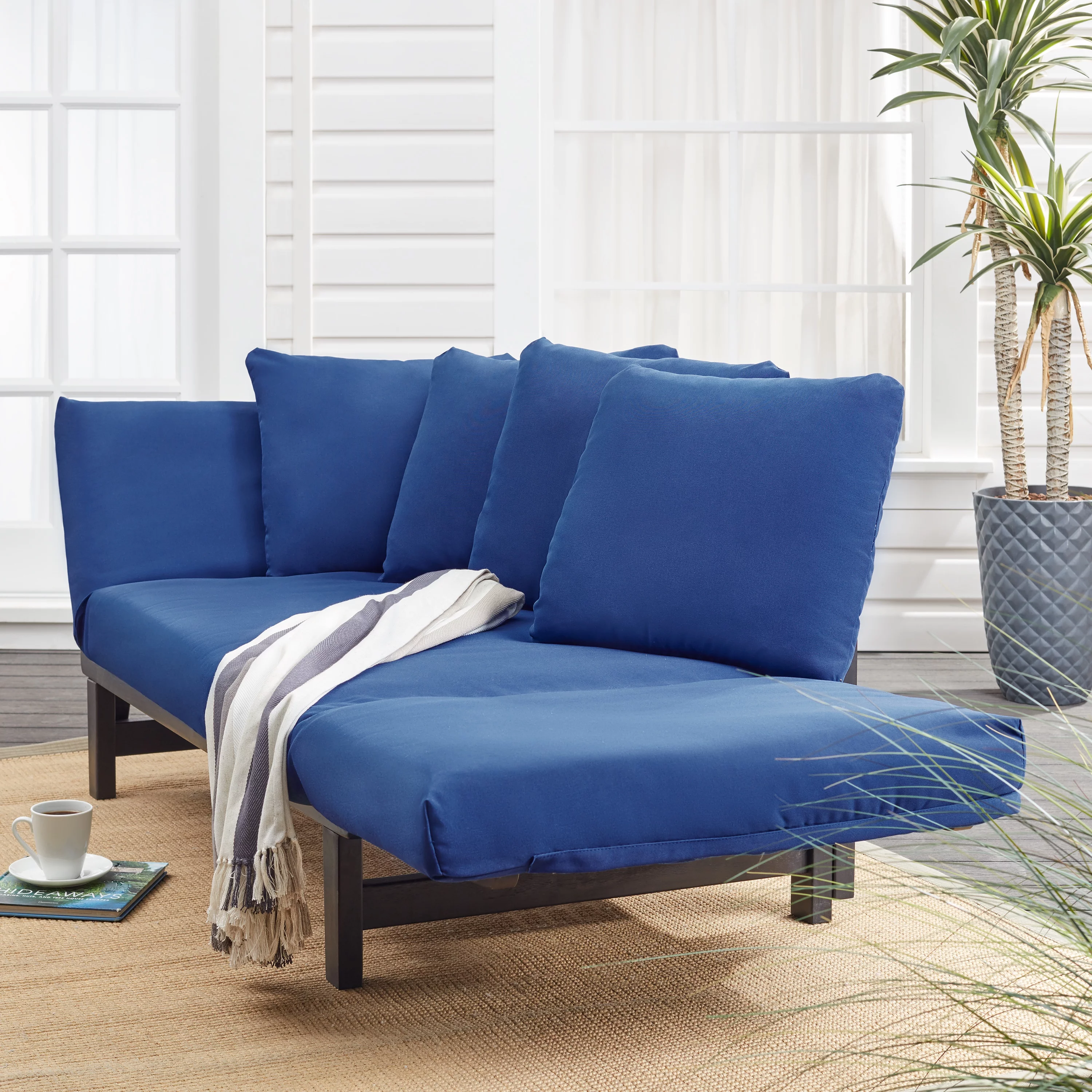 Better Homes & Gardens Delahey Convertible Wood Outdoor Sofa - Blue Cushions