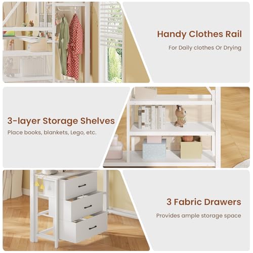 Itaar Stairway Twin Size Loft Bed with L Shaped Desk and Wardrobe, Metal Loft Bed Frame with Storage Stairs,3 Fabric Drawers, LED Lights & Charging Sation,No Noise & No Box Spring Needed, White