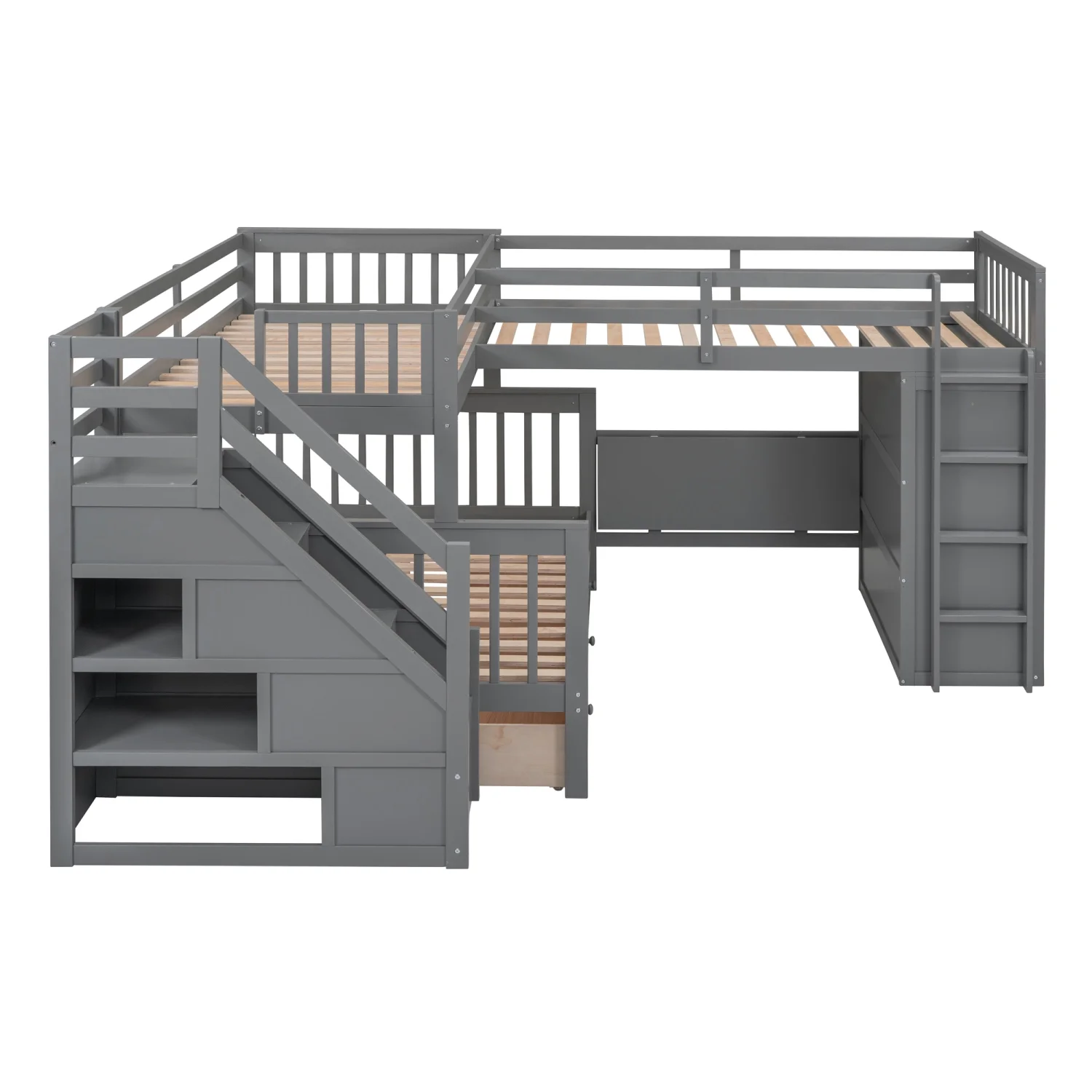 Churanty Twin-Twin Over Full L-Shaped Bunk Bed with Wardrobe Space,Solid Wood Staircase Bunk Bed with Portable Desk,Gray