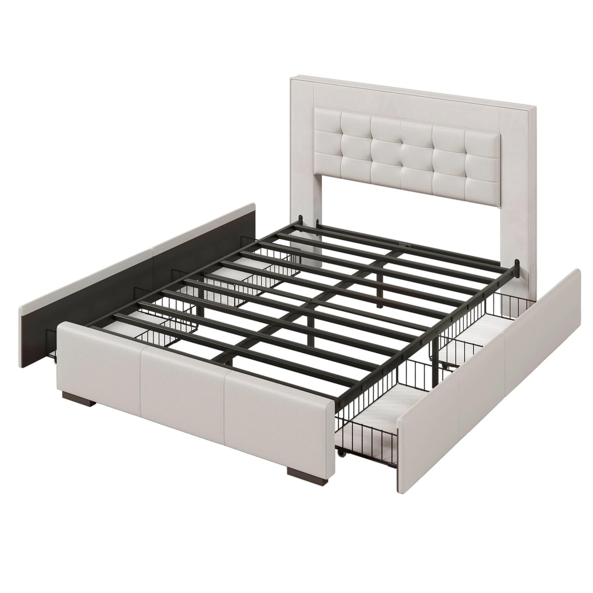 Acer Queen Platform Bed Frame with Four Drawers - Beige