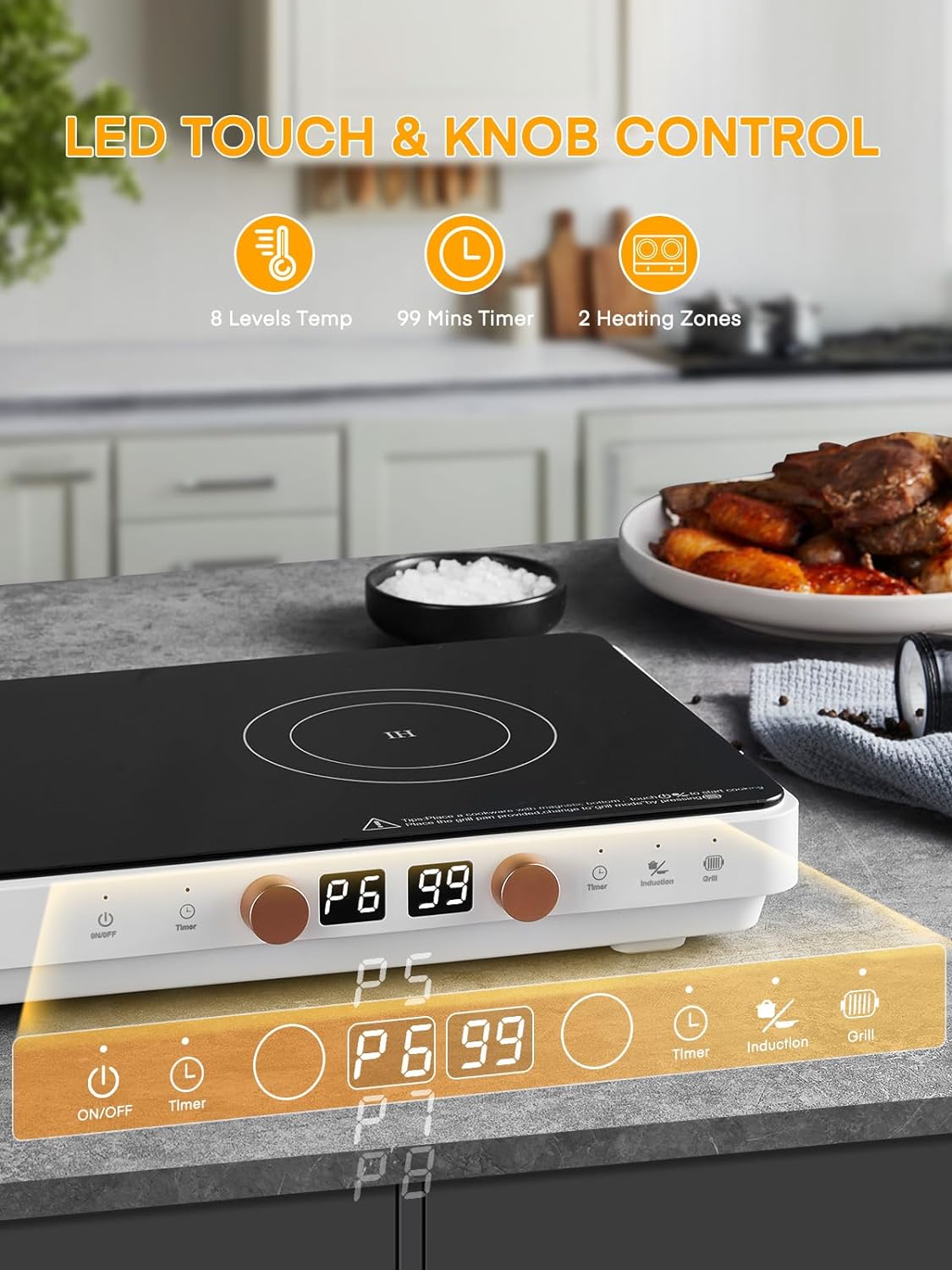FOHERE Double Induction Cooktop with 2 Burners, 1800W Portable Cooktops with Removable Iron Cast Griddle Pan Non-stick, Independent Temperature Control, Sensor Touch, 8 Power Levels, 99 Min Timer