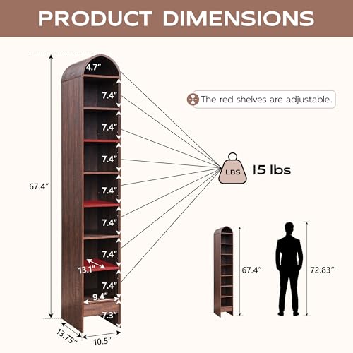 71" Tall Arched Bookshelf, 7 Tiers Arch Bookcase with Storage, Modern Farmhouse Book Shelf with Adjustable Shelves, Wood Bookshelf w/Open Display Shelves for Living Room, Office (Natural)