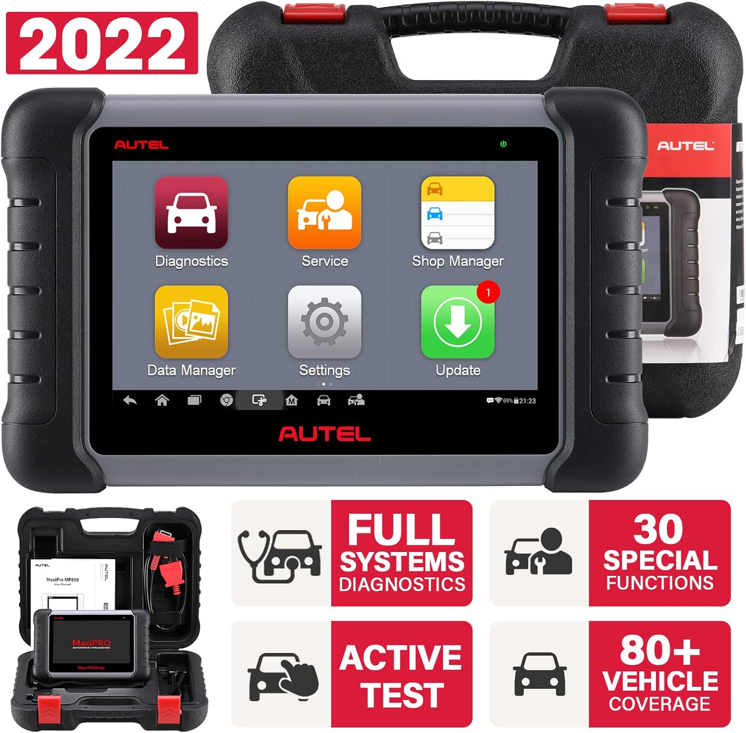 Autel Scanner MaxiPRO MP808 OBD2 Diagnostic Scan Tool with Bi-directional Control, Key Fob Programming, ABS bleeding brake, Reset Functions including Oil Reset, EPB, SAS, DPF, BMS, ABS, SRS, TPMS