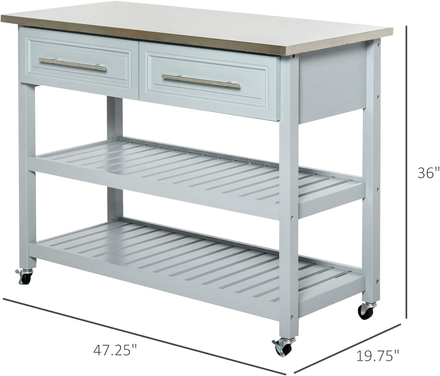 HOMCOM Kitchen Island Stainless Steel Top Rolling Utility Cart with Drawers, Shelves - Grey