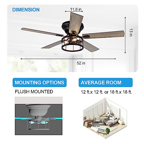 Breezary 52" Flush Mount Ceiling Fan with Light Remote Control, 5 Reversible Blades Indoor Low Profile Crystal Ceiling Fan Lighting Chandelier
