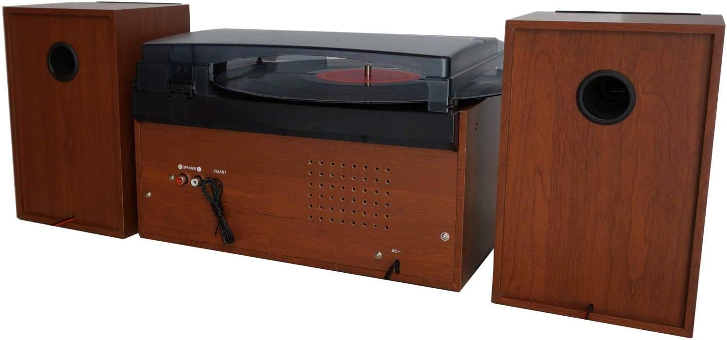 Boytone BT-24MB Bluetooth Classic Style Record Player Turntable with AM/FM Radio, CD/Cassette Player, 2 Separate Stereo Speakers, Record from Vinyl, Radio, and Cassette to MP3, SD Slot, USB, AUX.
