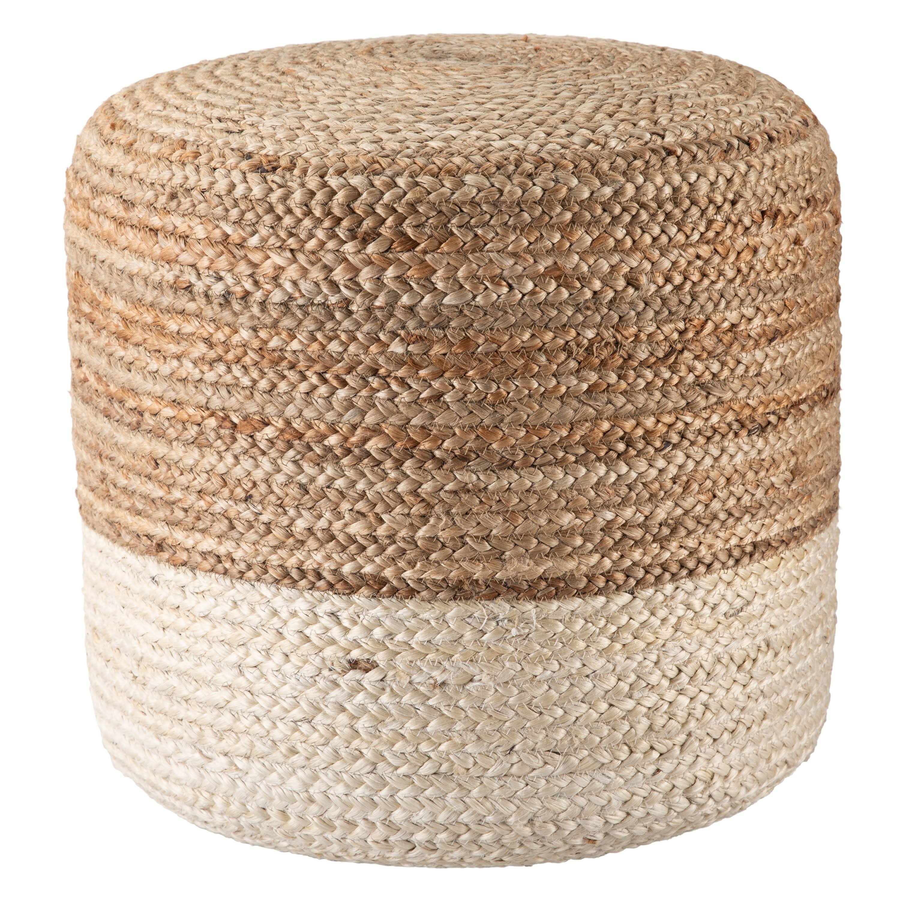 The Curated Nomad Camarillo Ombre Braided Jute Cylinder Pouf - White/Beige