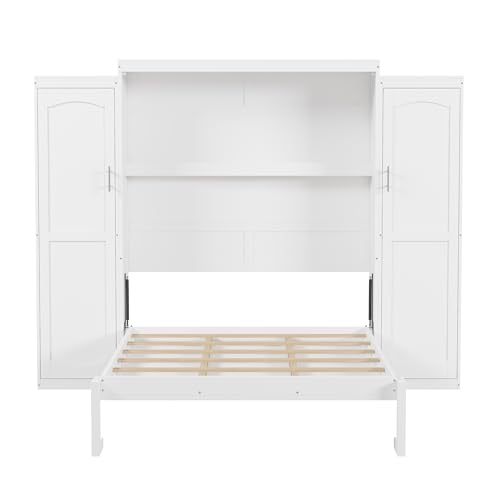 KLMM Wooden Murphy Bed Wall Bed with 2 Wardrobe and Storage Shelf,Foldable Platform Bedframe for Guest-Room Bedroom Study Office Use (White#E, Full)