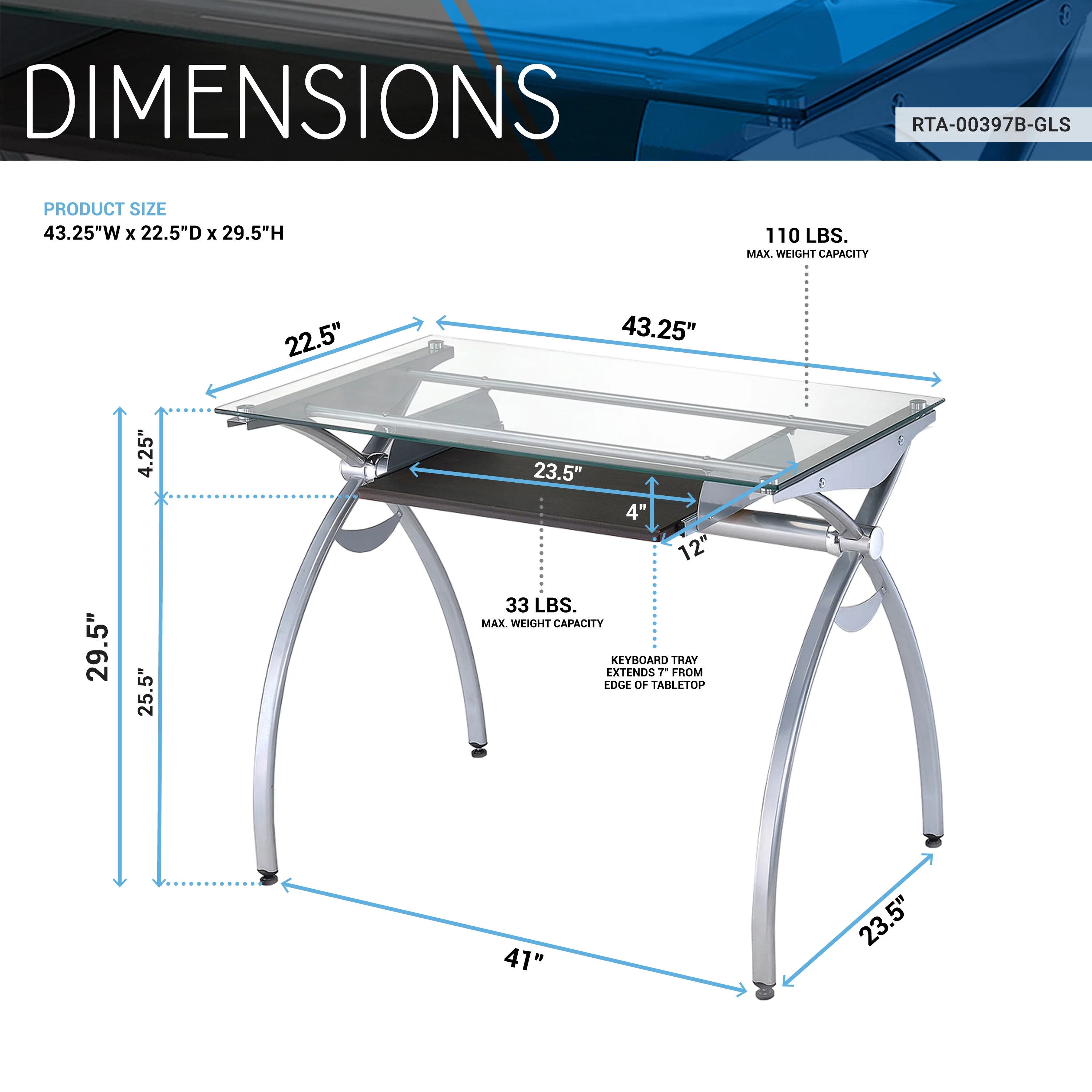Techni Mobili Glass Top Computer Desk with Keyboard Tray & Silver Legs for Home Office or Study