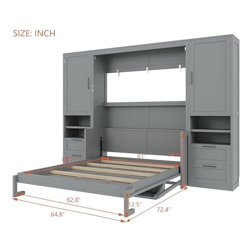 Merax Queen Size Murphy Bed with Desk, Space-Saving Wall Bed Frame with Closet, Drawers and Shelves, Foldable Platform Bed for Small Spaces Studio Study Office Guest Room, Gray