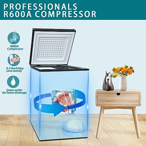 Small Chest Freezer 3 cu ft Top Door Mini Freezer, White deep freezer chest with Removable Basket, Outdoor compact freezer Low Noise with 5 Temperature Settings Ideal for Apartment Office RV and Kitchen