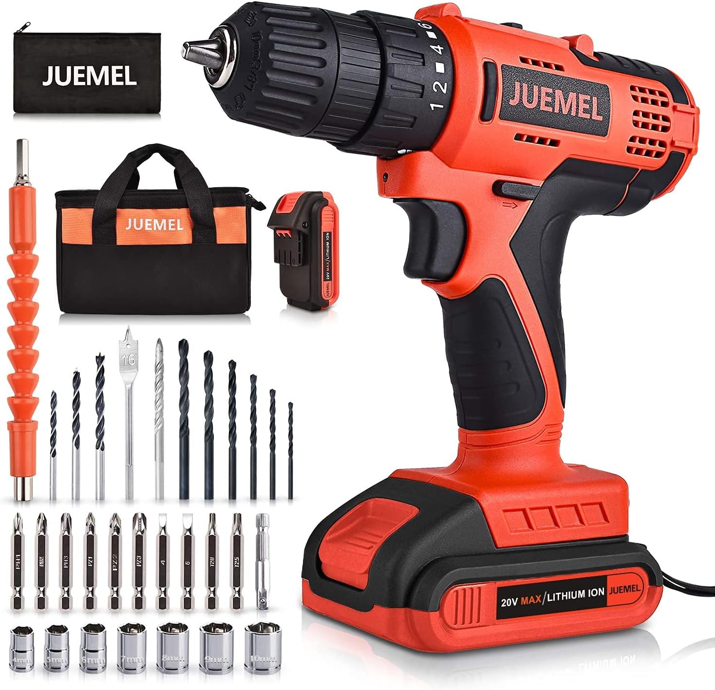 20V MAX Cordless Drill with 2 Batteries & Charger, Power Drill Set for Home with 3/8 inches Keyless Chuck, Infinitely Variable Speed Control, and 30pcs Electric Drill/Driver Bits Accessories Pack of 2