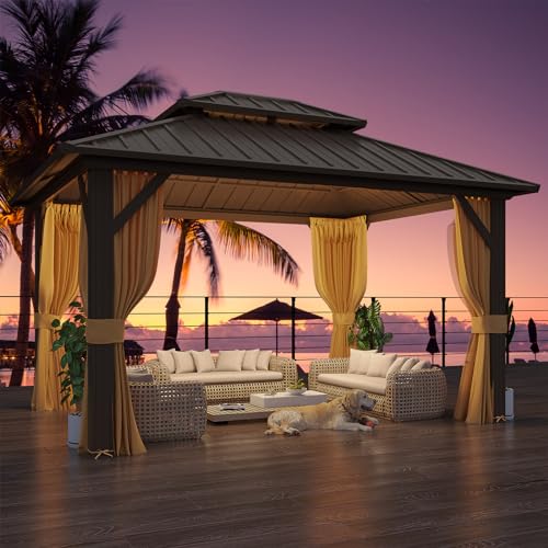 YOLENY 10' x 12' Hardtop Gazebo, Wood-Looking Gazebo with Galvanized Steel Double Roof, Aluminum Frame, Permanent Metal Pavilion with Netting and Curtains for Deck, Backyard, Patio and Lawns