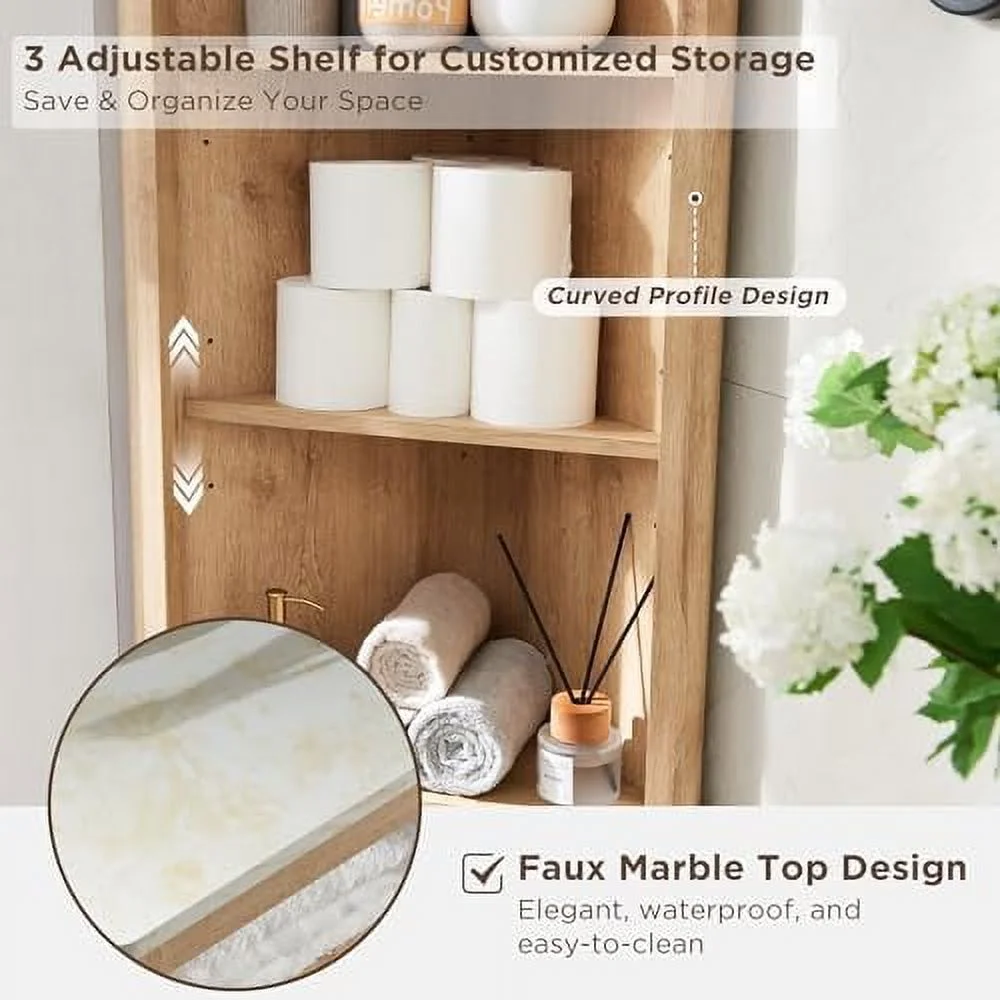 SQFHV Fluted Corner Cabinet  68" Tall Modern  Cabinet with Faux Marble Top and Adjustable Shelves  Curved Profile Bookshelf for Bathroom  Kitchen  Living Room  Dining Room  Natural Oa - Curated Treasures Market
