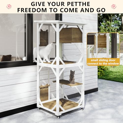 LEMBERI Cat House Outdoor Catio Cat Enclosures on Wheels, 71" Large Outside Patio Wooden Cat Cage Resting Box,Scratching Post, Waterproof Roof (Gray, 71")