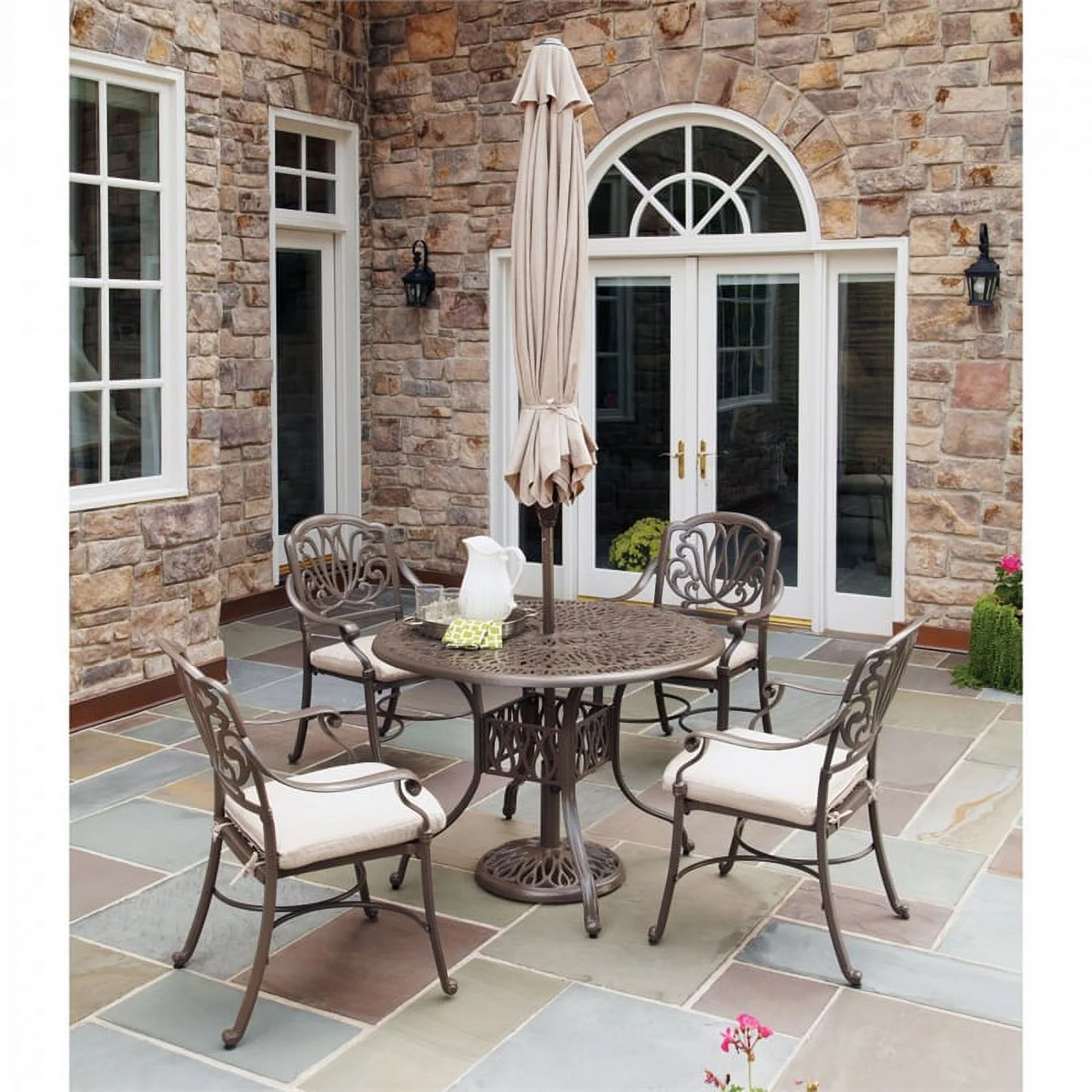 Pemberly Row Coastal Brown Cast Aluminum Round Outdoor Dining Table
