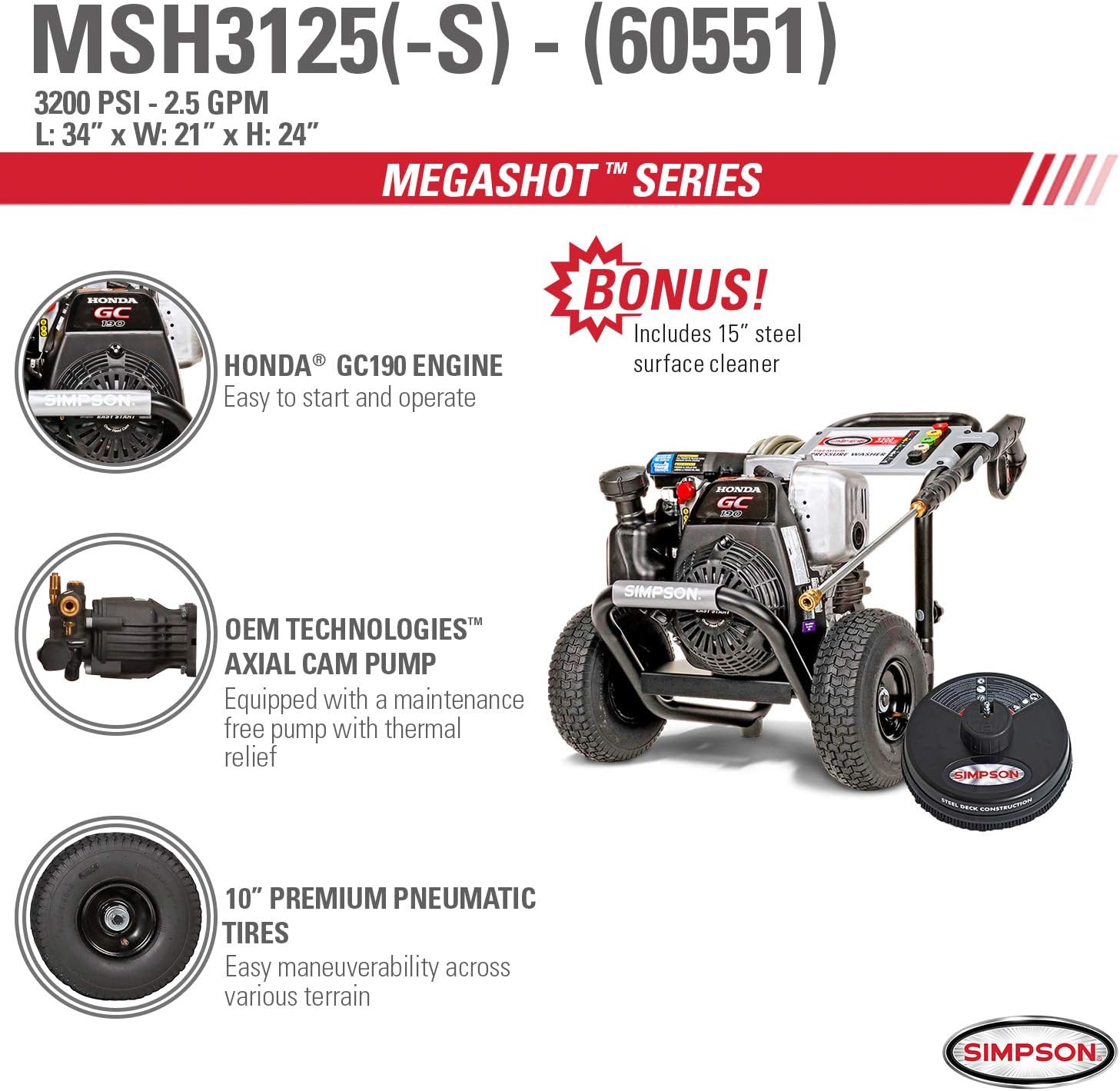 Simpson Cleaning MSH3125 MegaShot Gas Pressure Washer Powered by Honda GC190, 3200 PSI at 2.5 GPM, Black & 80165, Rated Up to 3700 PSI Universal 15" Steel Surface Scrubber, Plain