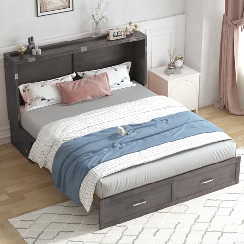 PUREMIND Queen Murphy Bed Cabinet with 2 Storage Drawers, Hideaway Murphy Chest Bed with Mattress, Cabinet Beds Wallbed with USB Charging Station for Bedroom, Guest Room