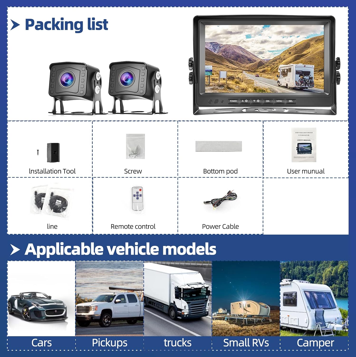 Backup Camera with Monitor Kit 9 Inch HD 1080P Split Screen DVR Monitor Wired Rear View Camera for Cars,Trucks,Pickup,SUVs,Vans Waterproof Super Night Vision Grid Lines 12V-35V