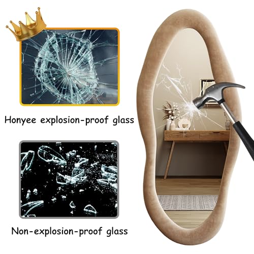 Honyee Full Length Mirror, 63" x 24" Wall Mirror, Flannel Wrapped Wooden Frame Floor Mirror, Irregular Wavy Mirror Hanging or Leaning Against Wall for Cloakroom/Bedroom/Living Room, Milk Tea