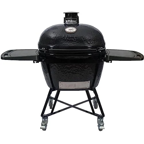 Primo All-In-One Oval XL 400 Ceramic Kamado Grill With Cradle, Side Shelves, And Stainless Steel Grates - PGCXLC (2021)