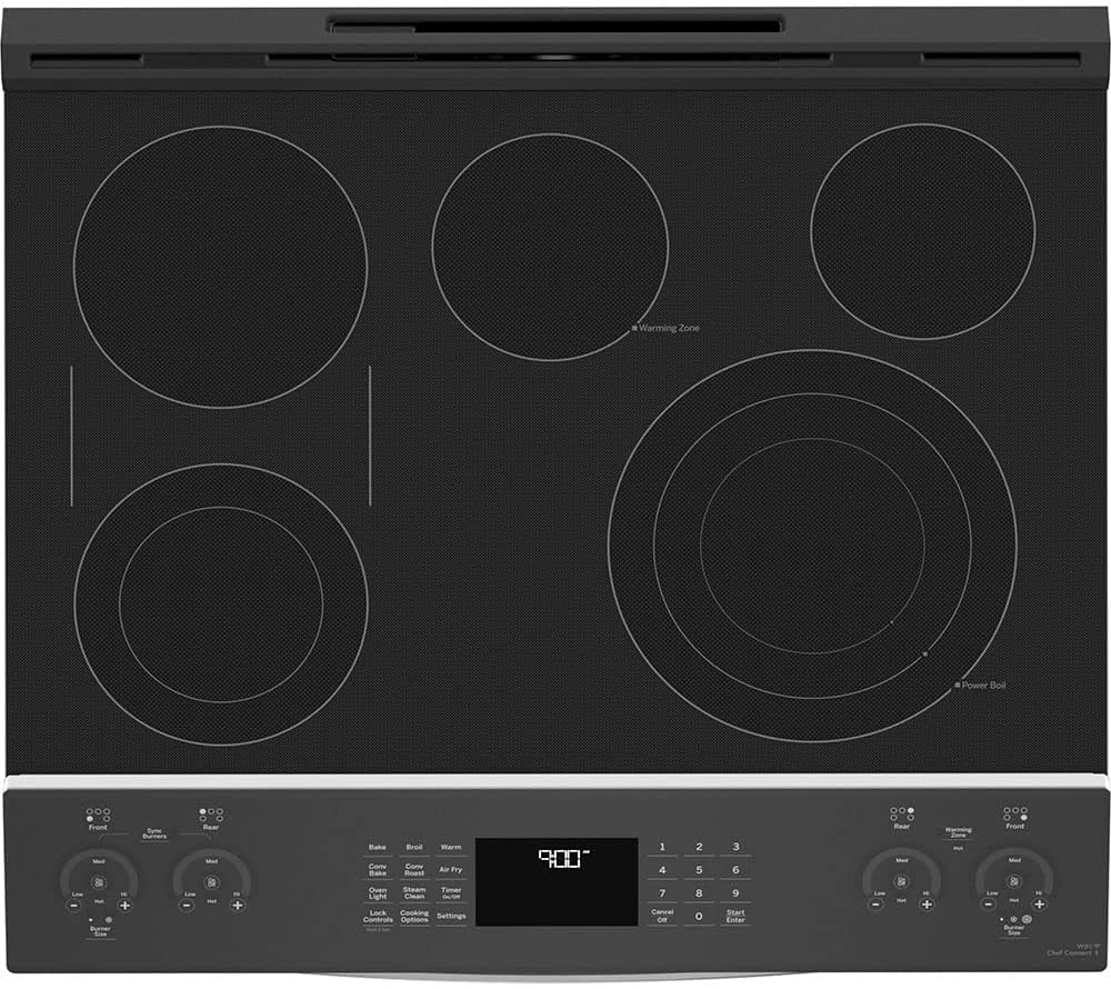 GE Profile PSS93YPFS 30" Slide-In Smart Electric Range with 4 Radiant Heating Elements, 5.3 Cu. Ft. True Convection Oven, Storage Drawer, WiFi, Self Clean with Steam Option,
