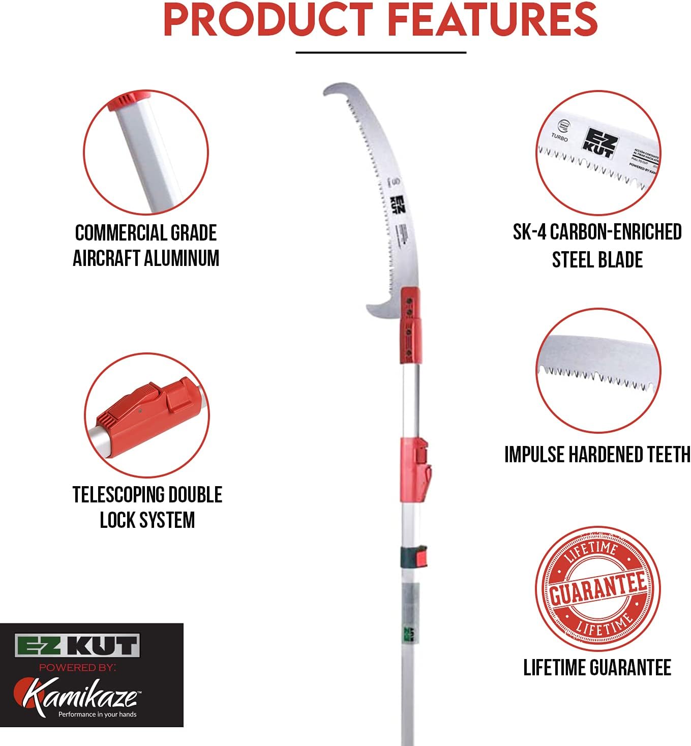 EZ Kut Kamikaze 20′ Extendable Tree Trimmer Pole Saw - Branch Cutter with Double Hook Pole Saw Blade for Branch Removal - Best Pole Saws for Tree Trimming with a LIFETIME GUARANTEE since 1988