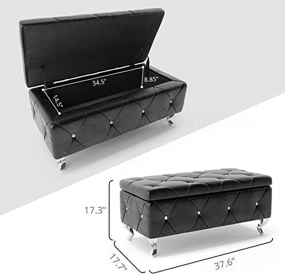 HOOMHIBIU Ottoman Bench  38'' Upholstered White Faux Leather Ottoman with Crystal Tufted Button  Flip Top Foot   End of Bed Bench Seat for Bedroom  Living Room  Vanity  350LBS
