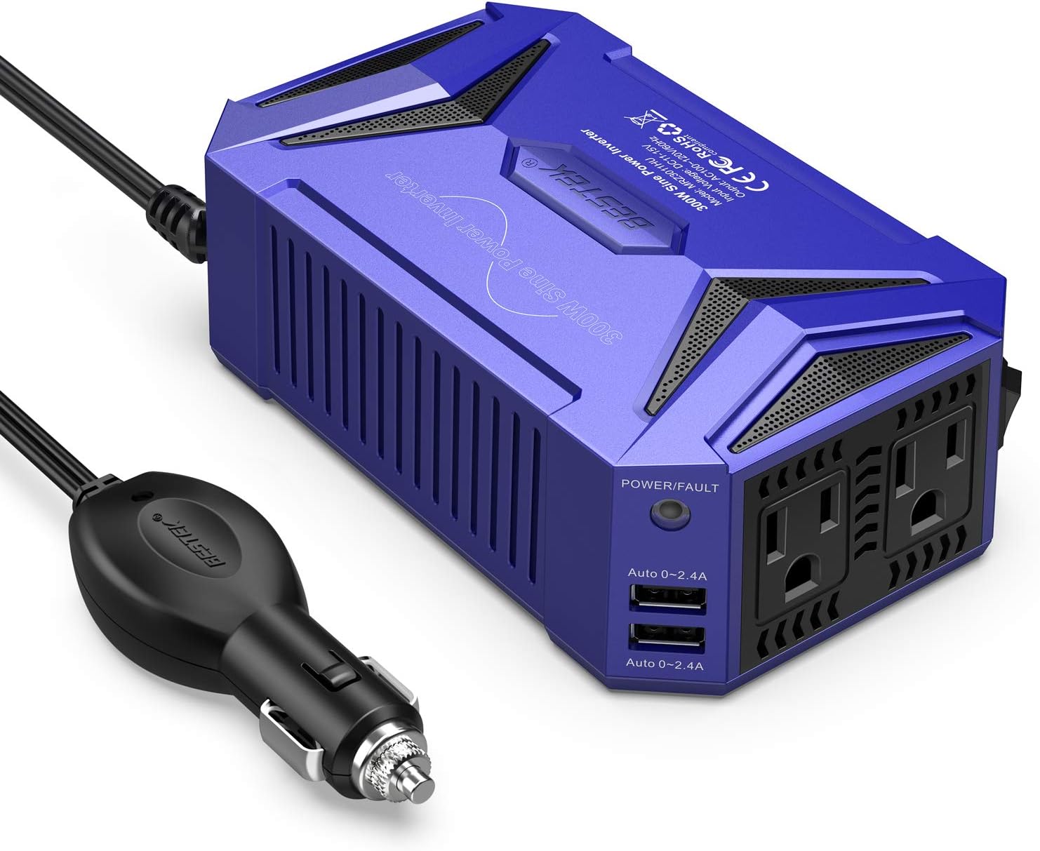 BESTEK 300Watt Pure Sine Wave Power Inverter Car Adapter DC 12V to AC 110V with 4.2A Dual Smart USB Ports (Blue) Pack of 2