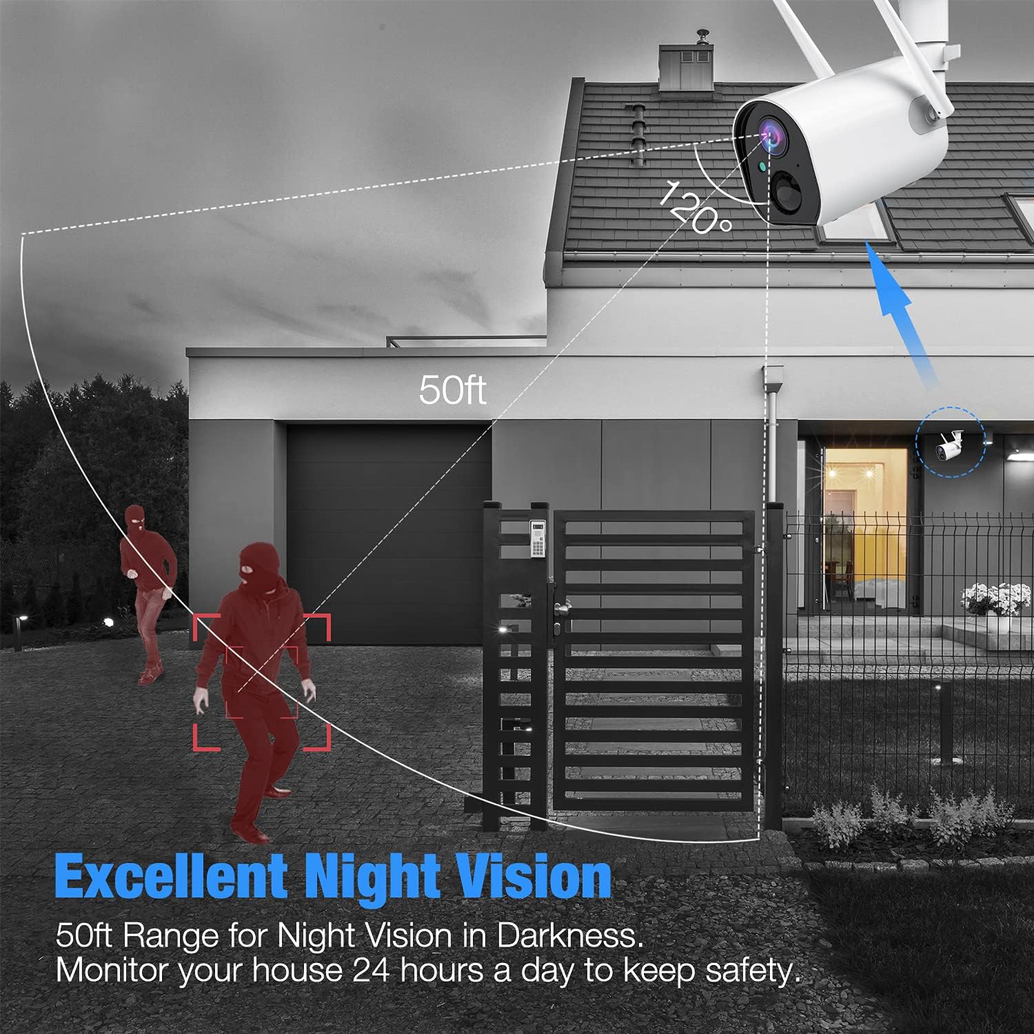 Wireless Outdoor Security Camera, 1080P Solar Camera Security Outdoor, WiFi Camera Outdoor with Rechargeable Battery, 2-Way Audio, Night Vision, PIR Motion Detection, IP65 Waterproof,Cloud/SD Storage
