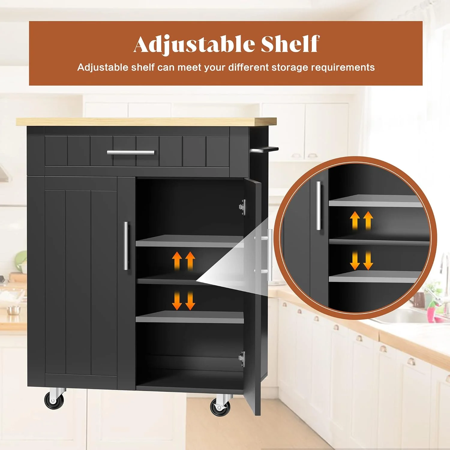 Kitchen Island on Wheels with Storage Cabinet & Drawer, 26" Width Rolling Kitchen Table, Cart Handle for Towel Rack or Free Mobility, Portable Islands for Kitchen, Dining Room(Black) - Curated Treasures Market