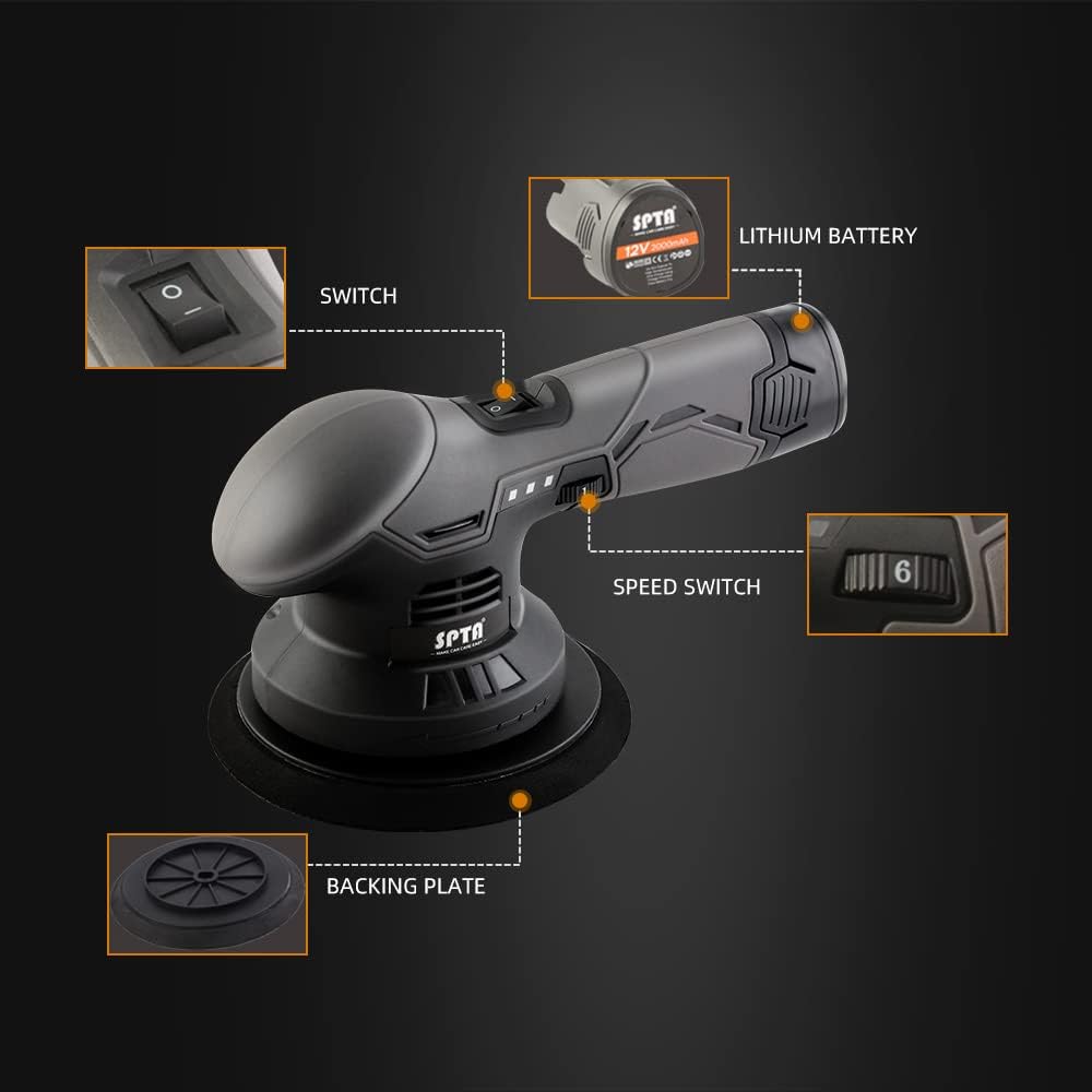 Cordless Car Buffer Polisher, SPTA Polisher with 2Pcs 12V Lithium Rechargeable Battery Brushless Polisher with Variable Speed, Portable Polisher with Polishing Pads Kit For Buffing/Polishing/Sanding