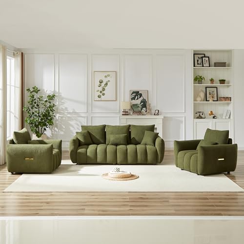 2 Piece Teddy Cloud Sofa Couch Set, Modern Deep Seat 3 Seater Boucle Sofa & Single Sofa Chair, Cozy Upholstered Sherpa Living Room Furniture Set for Apartment Office, Black
