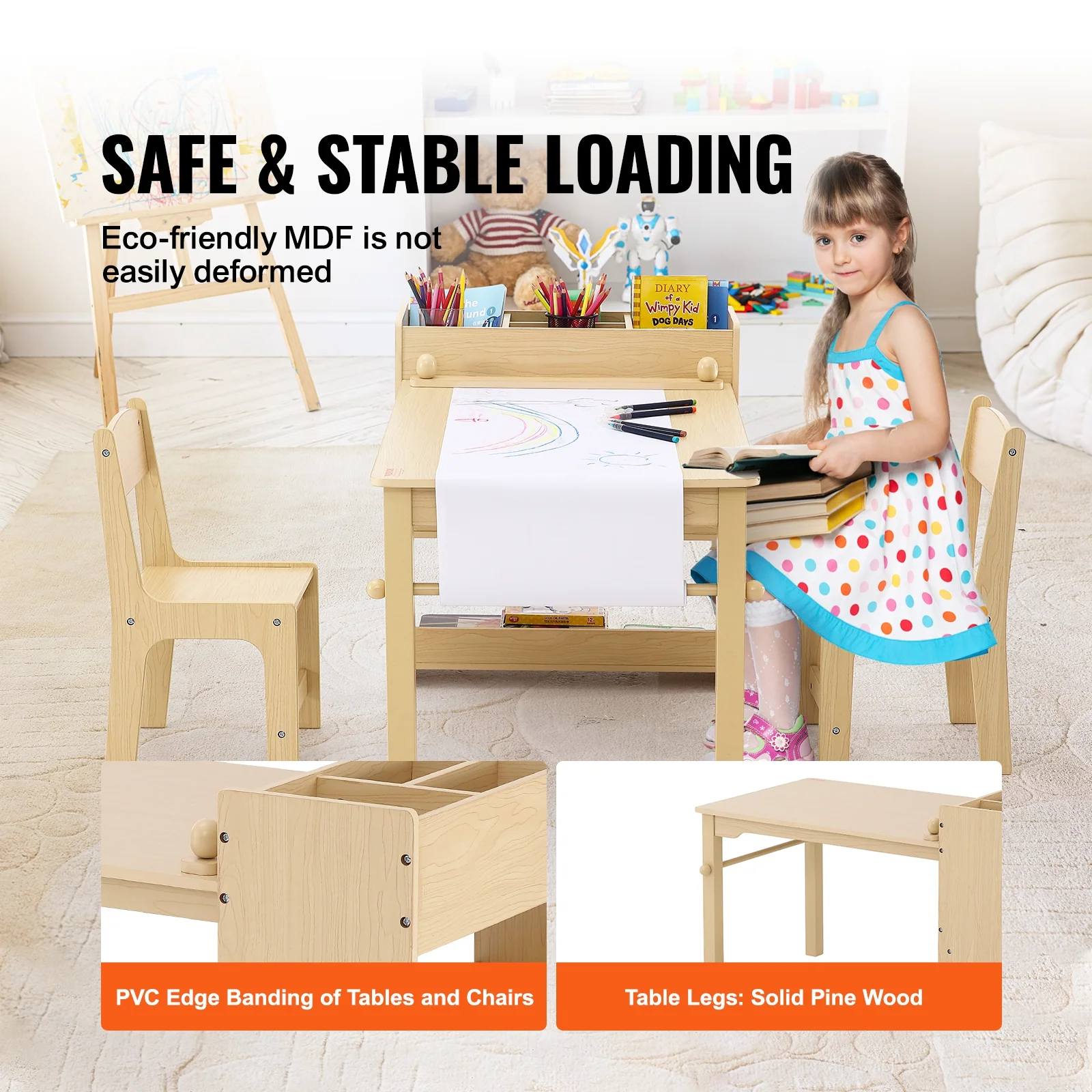 SKYSHALO 2-in-1 Kids Art Table and 2 Chairs Toddler Craft Set and Wooden Play Activity Drawing Table with A Cabinet Paper Roll Storage Bins