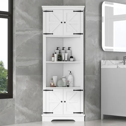 RUNFAYBIU 72" Tall Corner  Cabinet with Doors and 4 Shelves  Free Standing Corner Hutch Cabinet Kitchen Pantry  Cabinet for Kitchen Living Room Bedroom (72" Black)