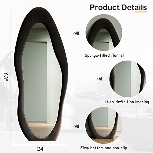 Honyee Full Length Mirror, 63" x 24" Wall Mirror, Flannel Wrapped Wooden Frame Floor Mirror, Irregular Wavy Mirror Hanging or Leaning Against Wall for Cloakroom/Bedroom/Living Room, Milk Tea