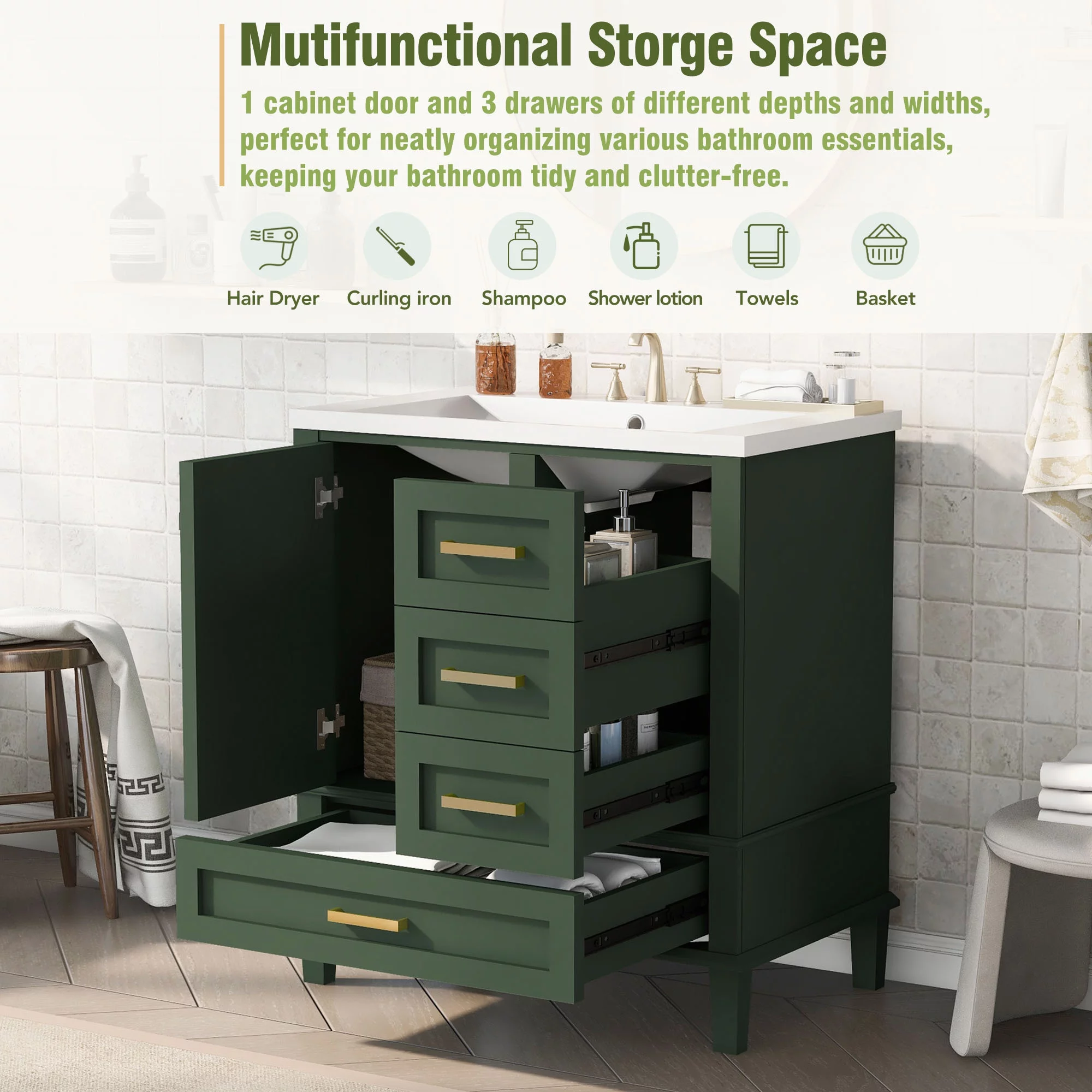 EUROCO 30" Modern Bathroom Vanity Cabinet Solid Wood with Top Basin,Bathroom Storage Cabinet with Soft Closing Door and 3 Drawers,Green