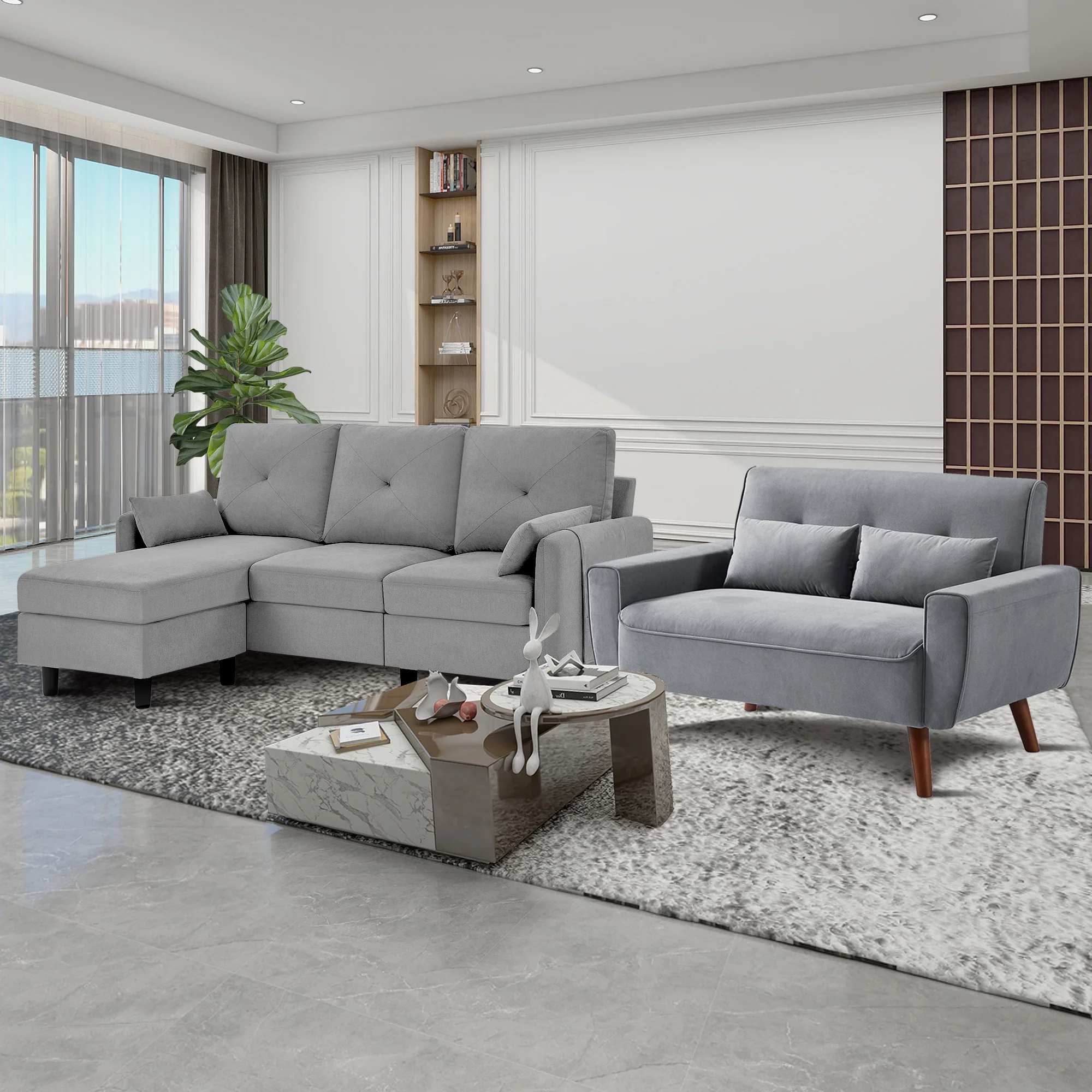 79" Convertible Sectional Sofa Set, Small L Shaped 3-Seat Couch with Reversible Chaise and Accent Chair, Modern Linen Sofas Couches for Living Room, LightGrey - Curated Treasures Market