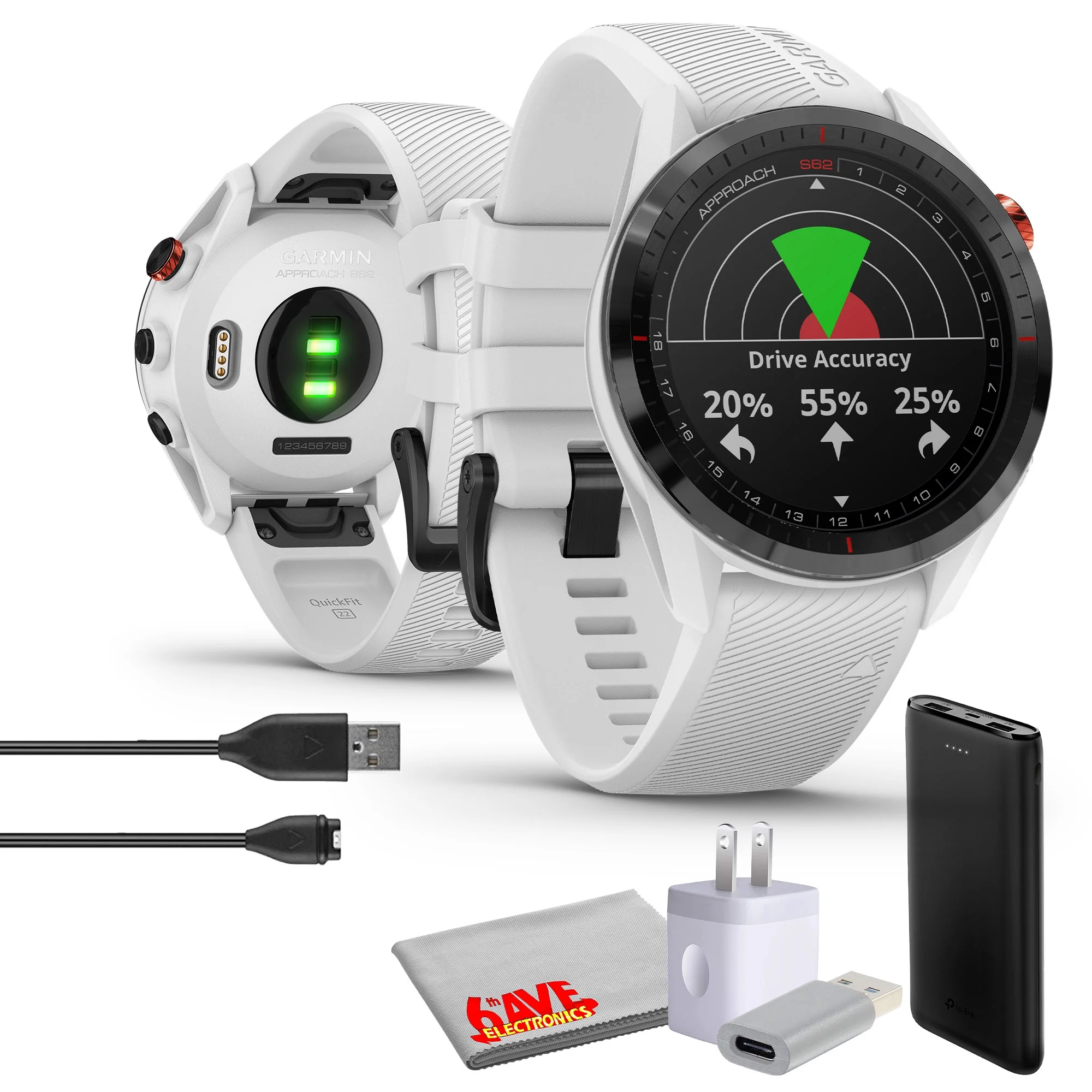 Garmin Approach S62, Premium GPS Golf Watch - White, Built-in Virtual Caddie, 1.3" Touchscreen Large Display and 41000 Preloaded Courses, Smartwatch Bundle With 6Ave Microfiber Cleaning Cloth and More - Curated Treasures Market